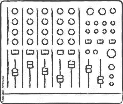 Audio mixing console with knobs sliders and meters