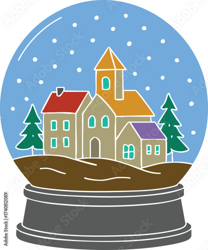 Snow globe village scene with trees and church on pedestal