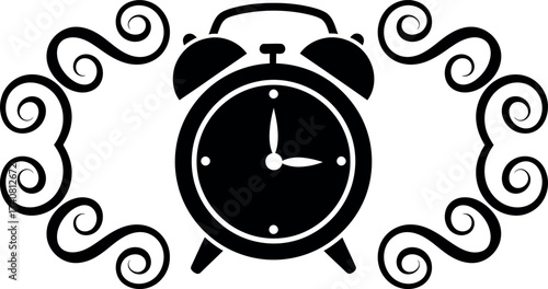 Classic black silhouette of a twin bell alarm clock, symbolizing time, deadlines, wake up, or urgency, elegantly framed by decorative, swirling, ornate black graphic elements and flourish.