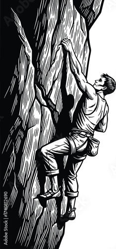 Vintage illustration of a man climbing a rugged rock face