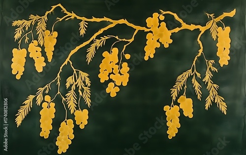 Elegant golden wisteria branch on a dark green background, sophisticated botanical illustration
