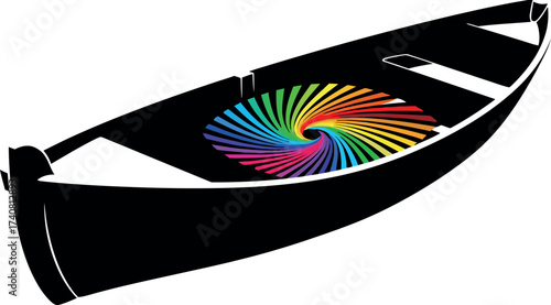 Abstract black canoe silhouette containing a vibrant, hypnotic rainbow spiral vortex, conceptualizing a journey of creativity, exploration, imagination, diversity, or psychological depth,transport.