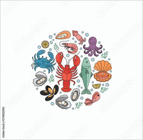 Art & Illustration
Colorful seafood illustration with fish, crab, lobster, octopus, shells, and shrimp in circle design