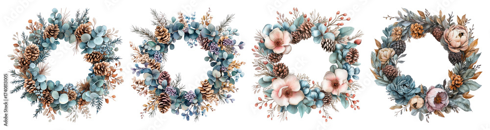 Fototapeta premium Rustic floral wreaths with pinecones