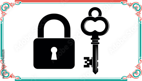 Classic black padlock and vintage skeleton key icon, symbolizing security, solution, access, or privacy, elegantly enclosed within a decorative border with teal and coral floral elements.