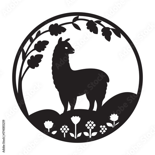 Silhouette of Llama in Natural Circle with Flowers and Branches Art