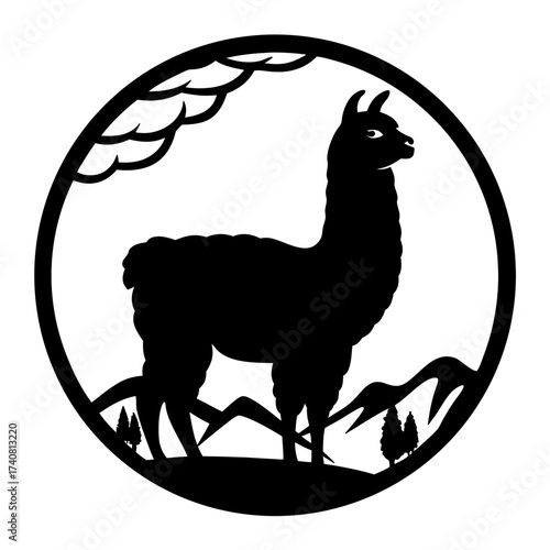 Elegant black and white llama silhouette set in a scenic landscape