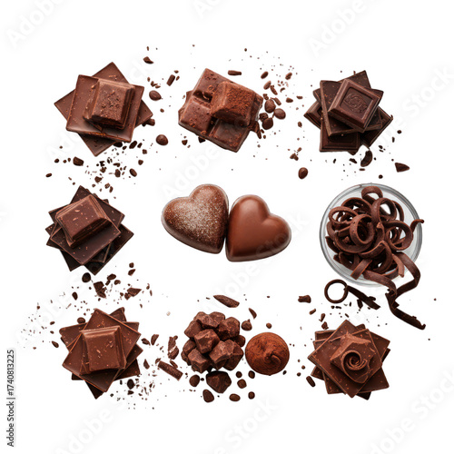 Delicious dark chocolate assortment hearts, squares, curls, truffles, powder, on black