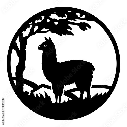 Elegant Silhouette of a Llama Under a Tree in a Circular Frame