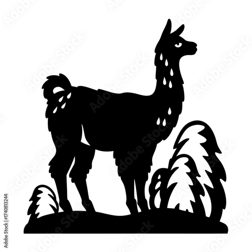 Black silhouette of a llama standing near small vegetation on white background