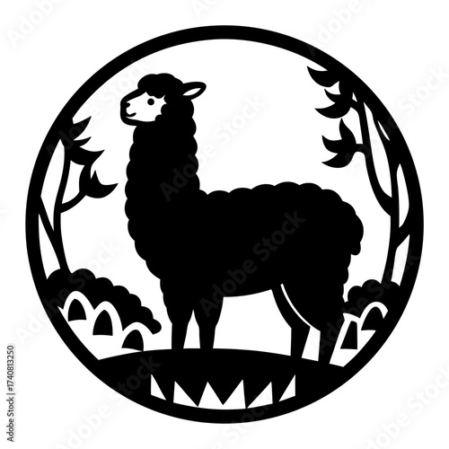 Elegant black and white alpaca silhouette in a natural circular frame design