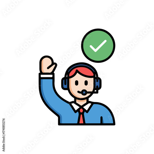 Customer service representative with headset and check mark.