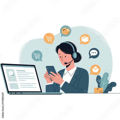 Customer service representative working with laptop and smartphone.