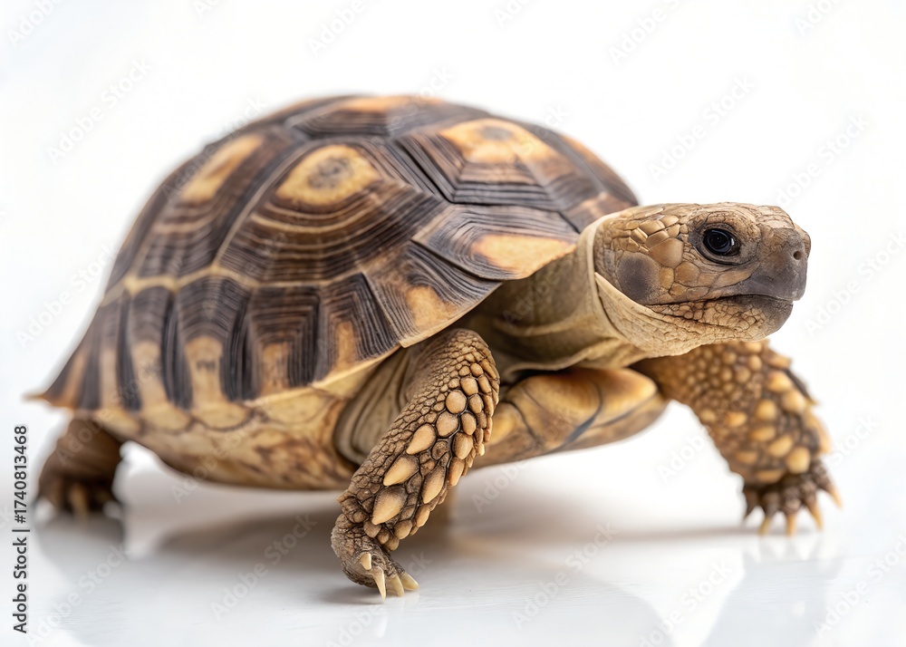 Naklejka premium Radiated tortoise walking on a white surface in a studio setting close up