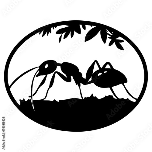 A silhouette of an ant on a leaf enclosed in an oval shape