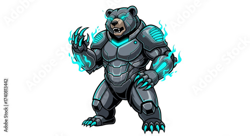Futuristic armored bear mascot with glowing eyes and claws, ready for esports or gaming logo, a strong and powerful character design, bold and vibrant style