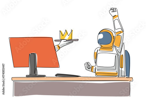 Continuous one line drawing hand of astronaut out of monitor screen while holding a crown. Legitimacy as the most successful astronaut. Things from Screen. Single line draw design vector illustration