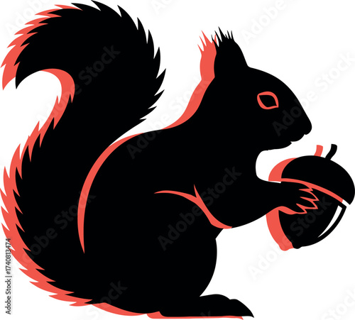 Stylish black silhouette of a squirrel holding an acorn, featuring a modern, vibrant red offset shadow effect, perfect for nature, food, finance, banking, or savings concepts and branding.