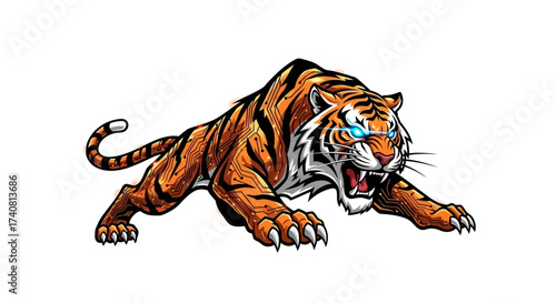 Roaring cybernetic tiger with glowing blue eyes and circuit board patterns, perfect for modern technology brands and dynamic digital marketing campaigns