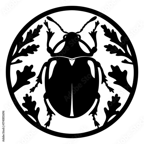 Silhouette of a Scarab Beetle Surrounded by Oak Leaves in a Circle