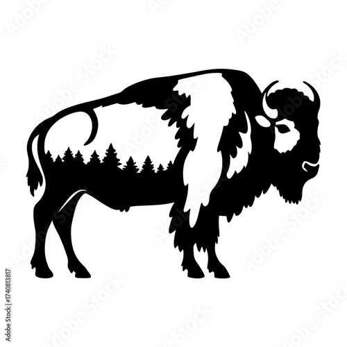 Monochrome bison silhouette with internal landscape of pine trees and snow