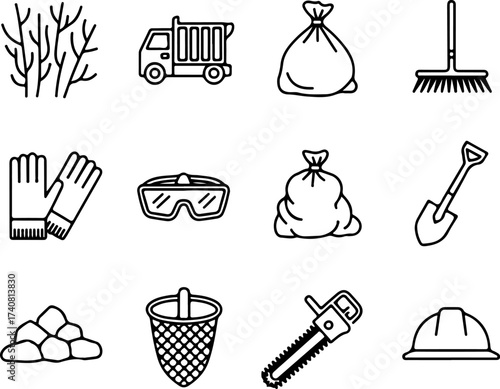Collection of icons representing cleaning, gardening, and construction tasks and tools