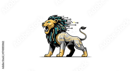 Roaring cyber lion with glowing tech circuits, a powerful symbol for innovative technology companies and cutting-edge artificial intelligence solutions