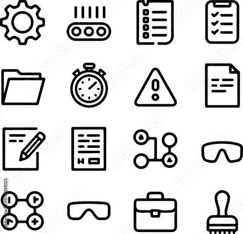 Set of linear icons related to industry, business, and processes for documentation and workflow