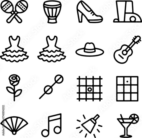 Collection of festive and cultural icons representing music, dance, and celebration