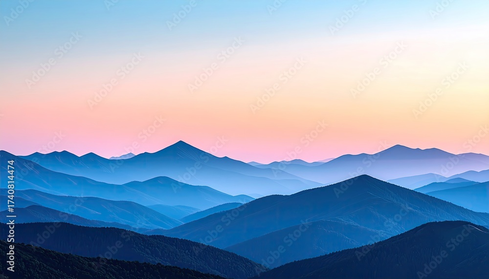 Obraz premium Pixelated Mountains at Sunset with Blue and Pink Hues in a Digital Landscape Art Concept Scenery and Horizon with Fading Colors and Geometric Details