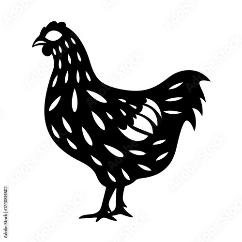 Stylized Silhouette of a Chicken with Feather Pattern in Black and White