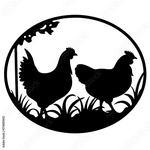 Silhouette of two chickens in an oval frame with grass and tree