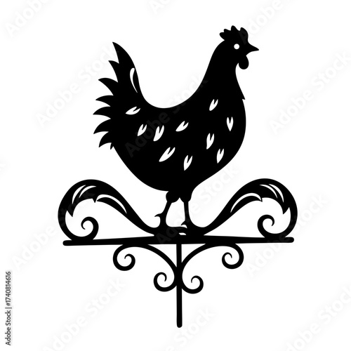 Elegant Chicken Weathervane Silhouette with Ornate Scrollwork Base, Farmhouse Decor
