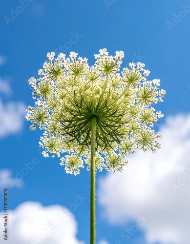 A single, intricate white flower blooms against a bright blue sky