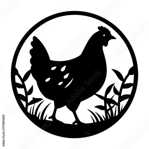 Silhouette of a chicken standing in the grass surrounded by a circle