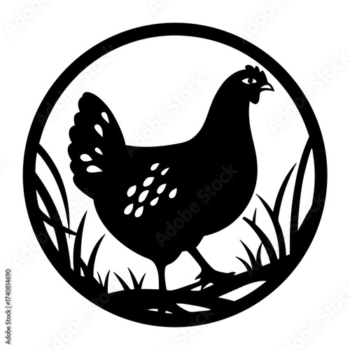 Black and white emblem with a hen in a circle of grass