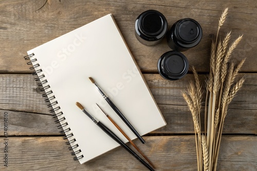 Artist s workspace with sketchbook brushes ink and dried wheat stalks