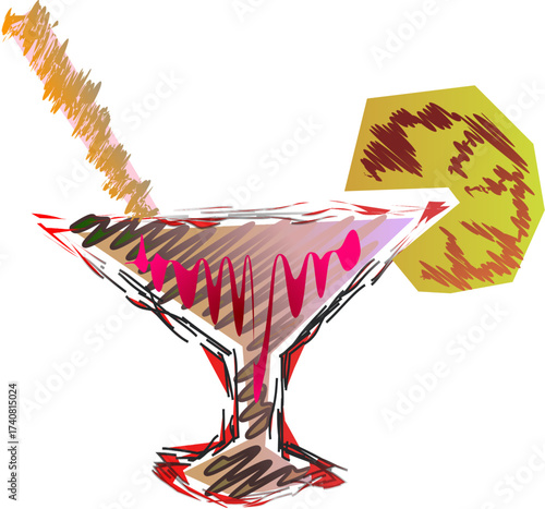 Wine glass of cocktail, holiday, tropical, pencil drawing, Advertisement for a restaurant