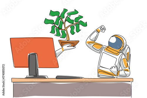 Continuous one line drawing hand of astronaut out of monitor screen holds money tree with leaves made of banknotes. Smart investment. Things from Screen. Single line draw design vector illustration