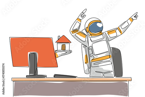 Continuous one line drawing hand of astronaut out of monitor screen while holding a miniature house. The joy of the expedition is over. Things from Screen. Single line draw design vector illustration