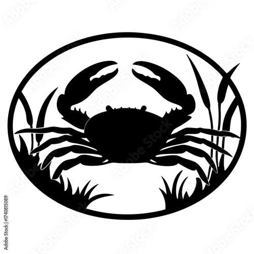 Stylized black crab silhouette with wetland vegetation in a circular frame
