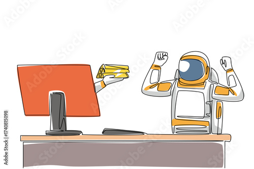 Single continuous line drawing hand of astronaut out of monitor screen while holding a gold stack. Finding gold during a space expedition. Things from Screen. One line design vector illustration