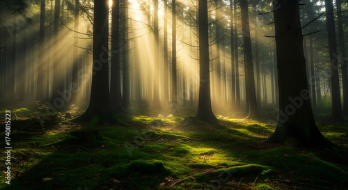Enchanted misty forest with tall pine trees, sunbeams filtering through fog
