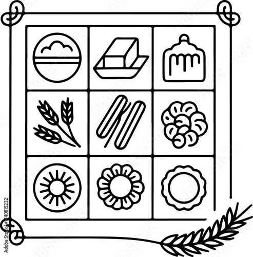 Line art illustration of baked goods and food items in a grid, perfect for culinary designs