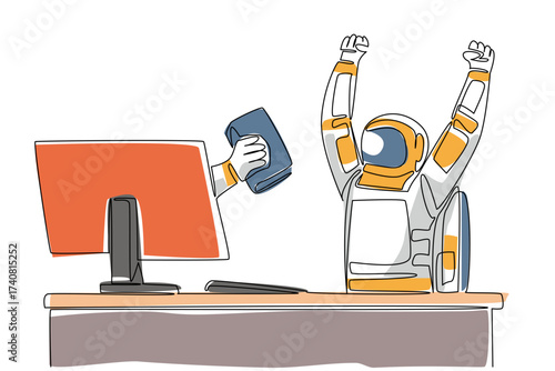Single one line drawing hand of astronaut out of monitor screen while holding a thick book. Adventure book. Survival in space. Bookworm. Things from Screen. Continuous line design graphic illustration