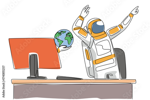Single one line drawing hand of astronaut out of monitor screen while holds globe. Getting good news from earth. Feeling of enthusiasm. Things from Screen. Continuous line design graphic illustration