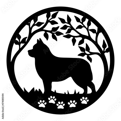 Silhouette of a majestic dog under a tree, in a circular frame