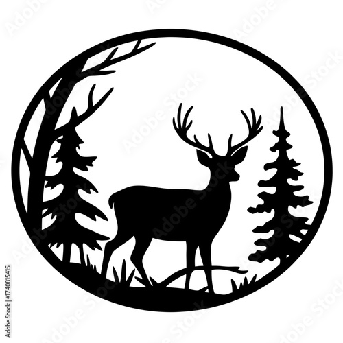 Silhouette of a majestic deer in a forest setting inside a circle