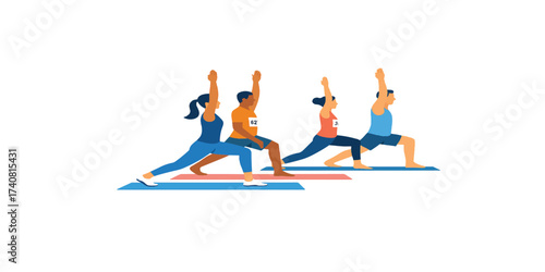 A group of people in yoga positions and a woman running represents the evolution of a person from sport to success and leadership