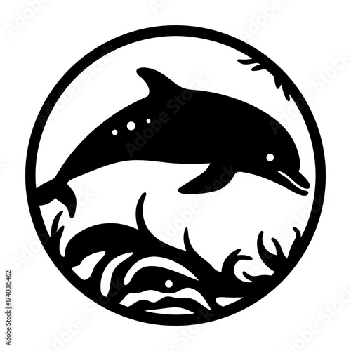 Elegant Black and White Silhouette Depicting Dolphins in Underwater Scene within Circle